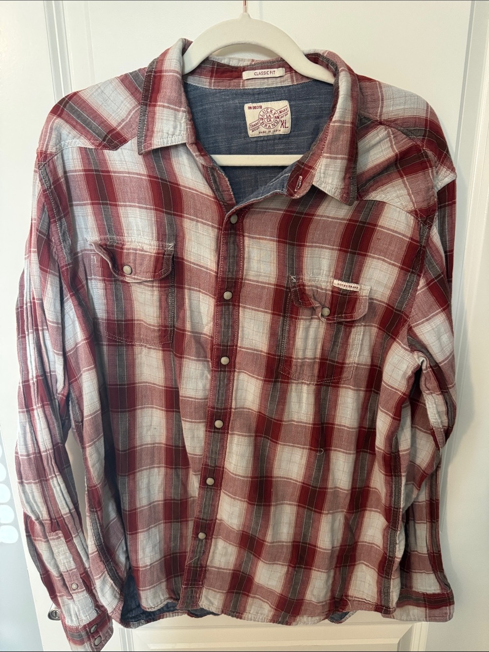 Lucky Brand Red and White Plaid Button-Front Western Shirt